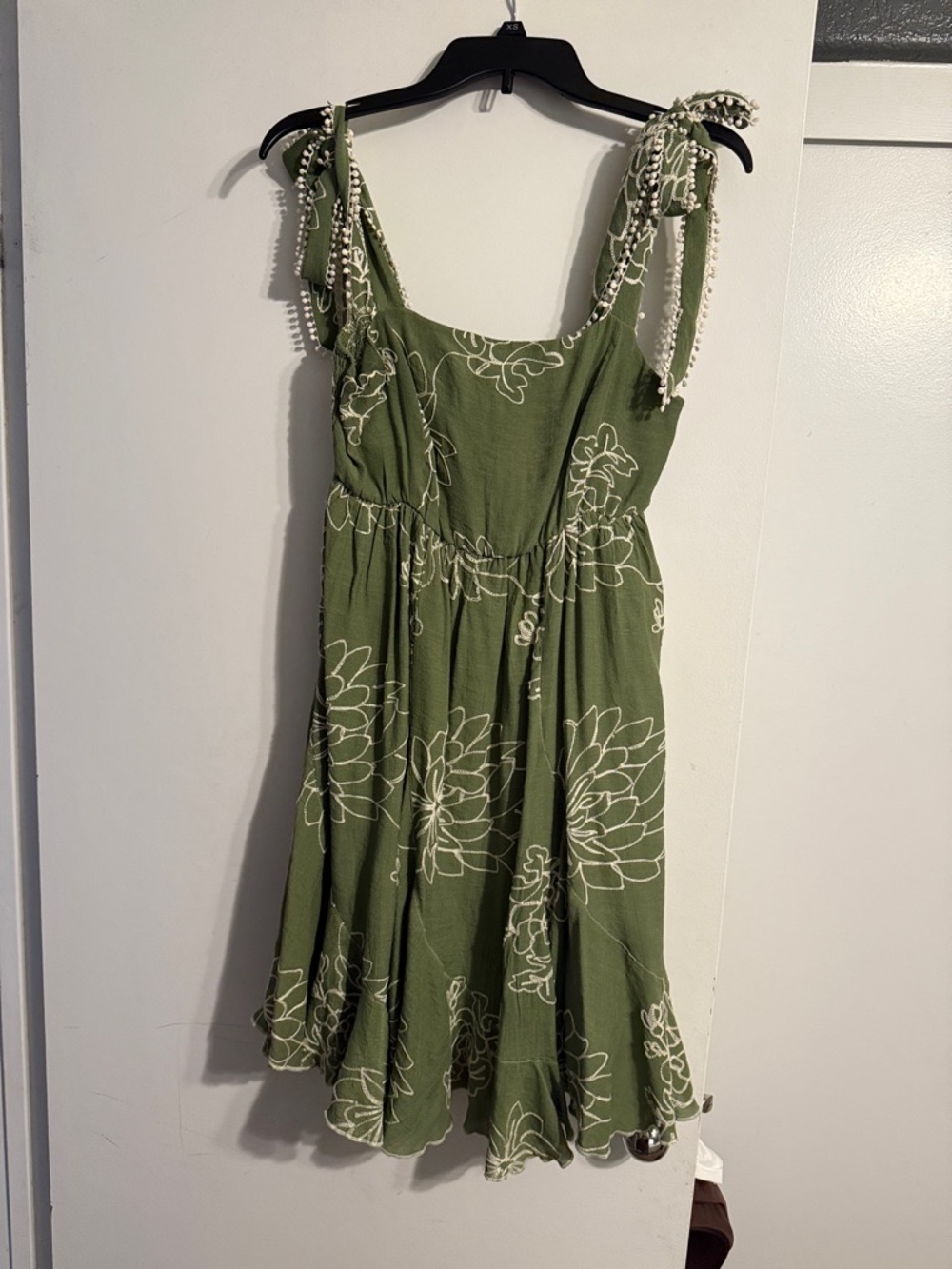Tie-Shoulder Olive Green Floral Midi Dress
